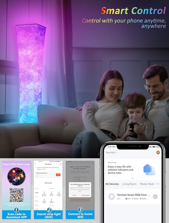 Torchlet RGB Led Smart Lamp Alexa APP Control, Color Changing Modern Floor Standing Lamp with DIY Mode, Music Sync and White Fabric Shade for Living Room Bedroom Game Room