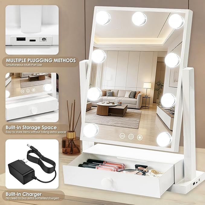 Vanity Mirror with Lights with Drawer,USB Charging Port, Hollywood Makeup Mirror with 9 Dimmable Bulbs,3 Color Lighting Modes, Detachable 5X Magnification, Smart Touch Control Gifts for Women