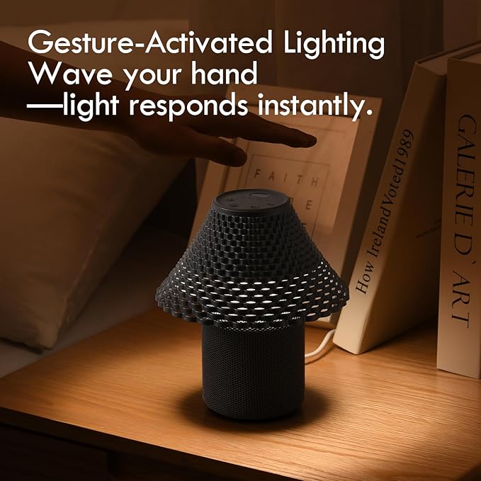 Bedside Table Lamp with White Noise Machine - 10 Soothing Sounds, Gesture Control Sensor & Dimmable Night Light - 30/60/90 Min Auto-Off Timer for Sleep, Nursery, Office & Home Decor- Gray