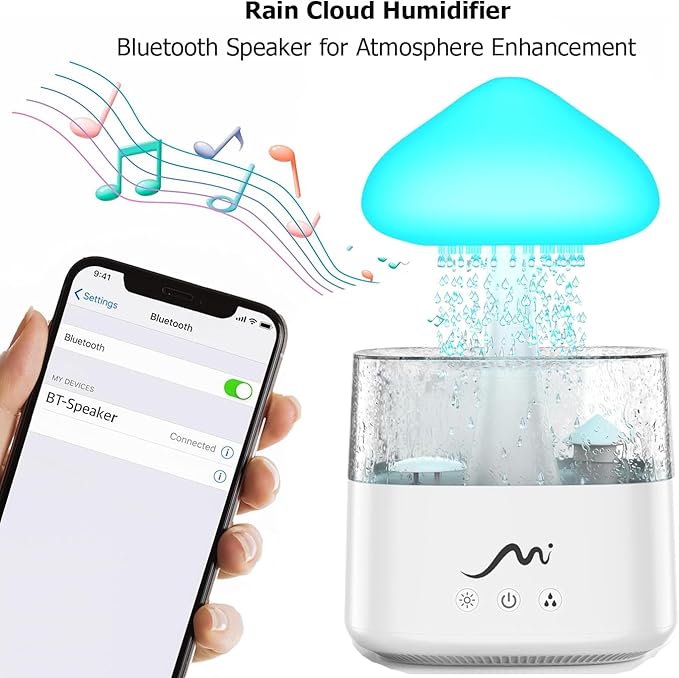 Rain Cloud Humidifier for Bedroom with Remote Control, Built-in Sound Speaker, Aromatherapy Water Drip Diffuser, LED Night Light & Raindrop Sounds for Sleep and Relaxation