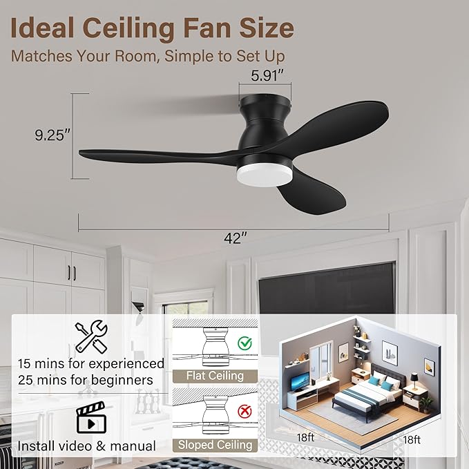 42" Smart Wood Ceiling Fans with Lights,Flush Mount Ceiling Fan with Remote,Alexa,APP,Quiet DC Motor,Modern Low Profile Fan for Bedroom,Living Room,Patio,Outdoor Indoor Use,Black,Dimmable,6 Speed