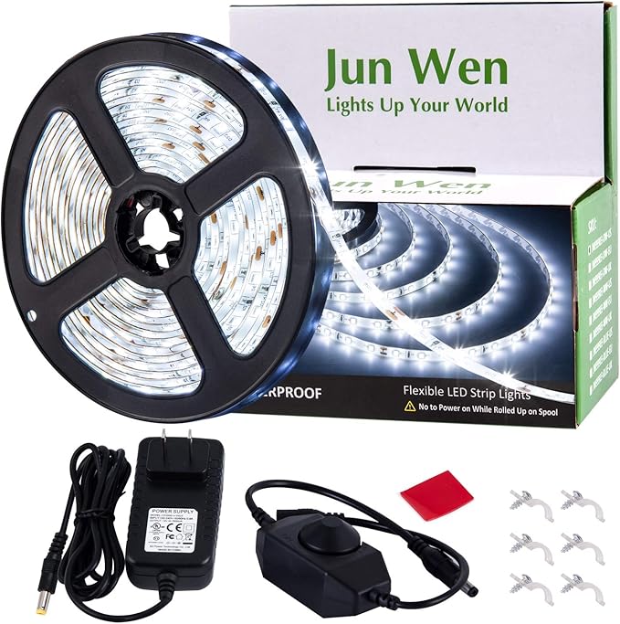 16.4ft White Led Strip Lights, 12V Outdoor Led Strip Lights Flexible Led Light Strip Indoor Plug in Cuttable SMD2835 Dimmable Led Strip Light for Bedroom Cabinet Kitchen TV Hallway