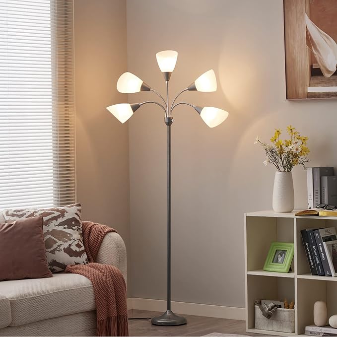 HonoDing Medusa Floor Lamps Standing Lamps 5 Heads Adjustable Reading Light Large Shade Use E26 A19 Bulb Floor Lamps for Living Room Bedroom (Silver)