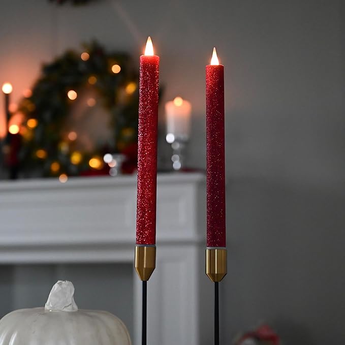 Flameless Taper Candles Flickering with Remote and Timer, 3D Moving Flame Taper Candle Battery Operated to 400 Hours, 9 Inch Window Candles, (Glittter Red)