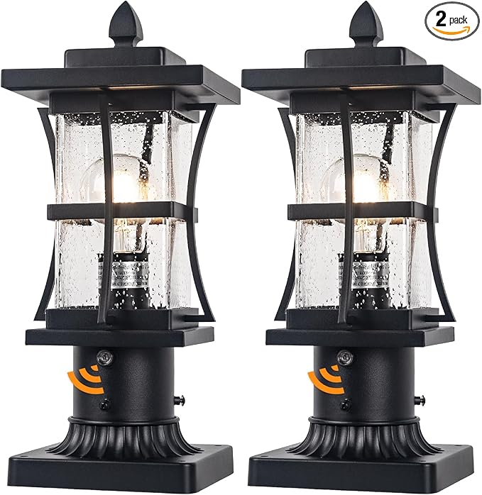 2 Packs Dusk to Dawn Outdoor Post Light Fixture with Pier Mount Base - Black Outdoor Pole Lighting, Waterproof Pillar Lantern, Modern Outside Column with Seeded Glass for Pathway, Garden, Patio,
