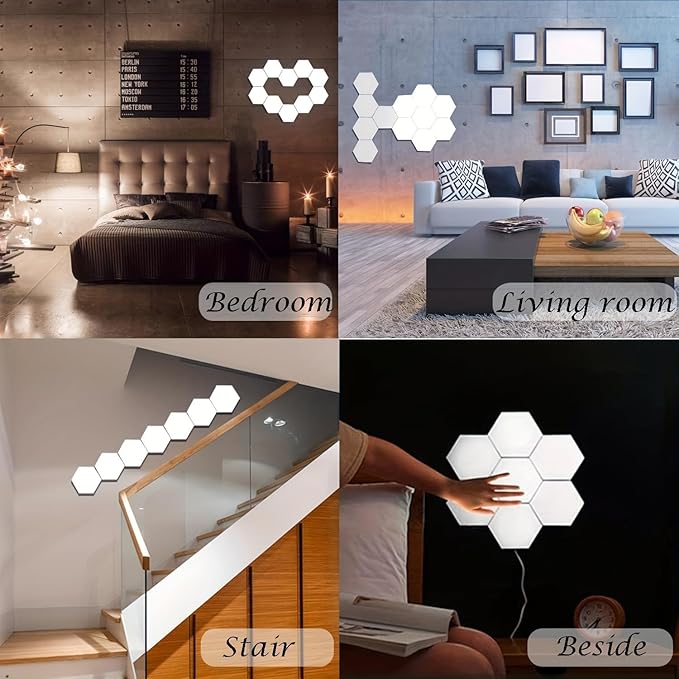 Hexagon Lights, Minimalist White Touch Night Light, Center Touch-Sensitive Wall Panels, Hex Light with USB-Power for Autism, Game Room Decor, Party (12)