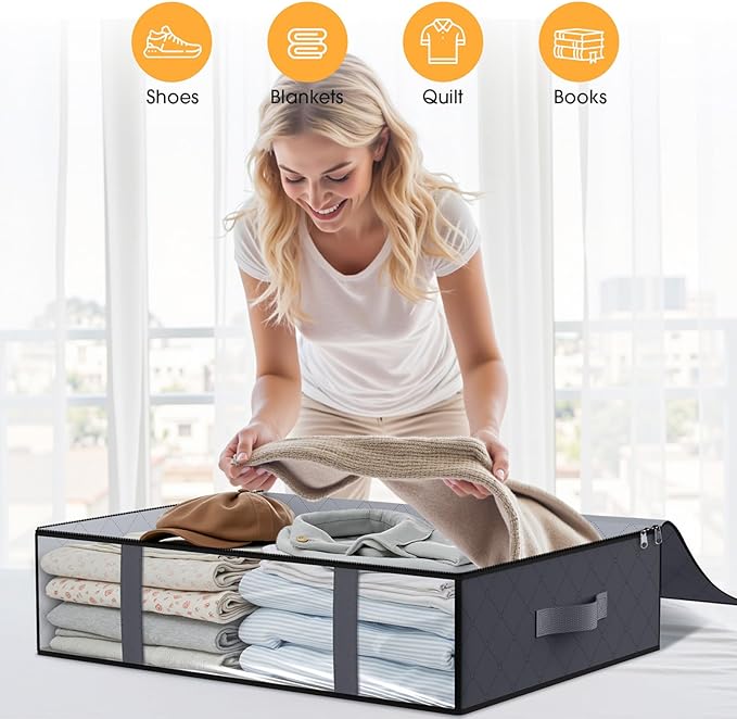 StorageRight Under Bed Storage Bags 8 Pack, 40L Large Clothes & Comforter Storage Containers with Clear Window, Breathable Fabric Organizer for Blankets, Bedding, Seasonal Clothing, Grey