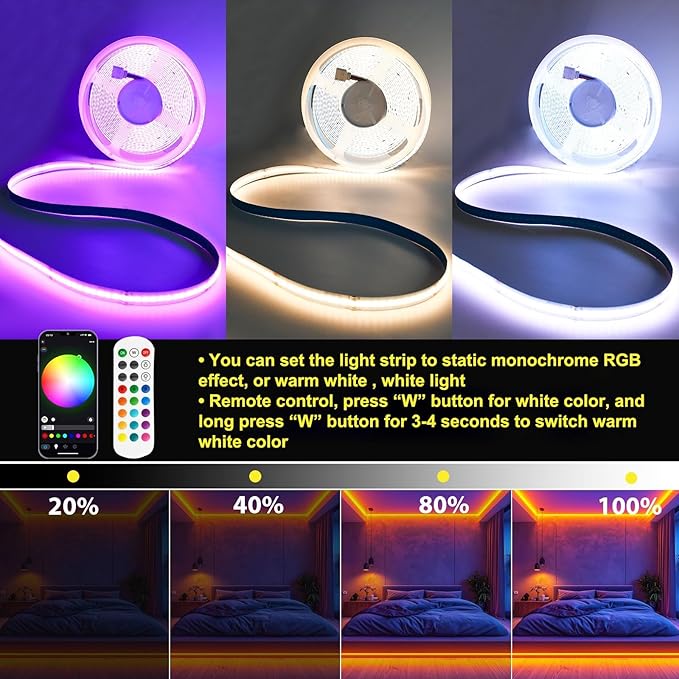 Sumaote RGBW COB Led Strip Light 32.8 FT, 24V 6720LEDs 12mm Width RGBW WiFi Tape Light with APP & Remote Control, 3000K Dimmable for Indoor Home Decor, Compatible with Alexa