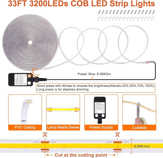 OMIKA Blue 33FT COB LED Strip Lights Outdoor Waterproof, 3200 LED Plug in Strip Light PVC Casing Tape Light Flexible with Self-Adhesive Timer Dimmable for House Garden Camping DIY
