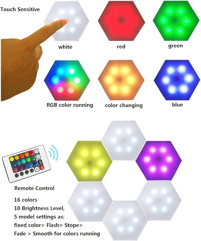 Smart Hexagon LED Lights Remote DIY Geometry Hex Light Touch Sensitive RGB Colorful Wall-Mounted Panels Puck Light for Bedroom Living Room Hallway Party Celebration Decor Night Light (6 Pack)