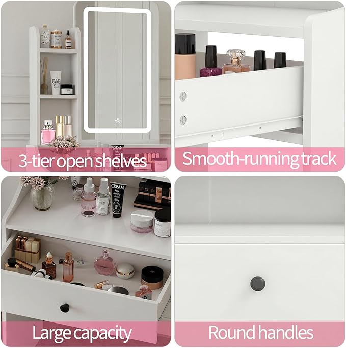 DUMOS Makeup Vanity Desk, Vanity Table Set with Mirror and Lights, Small Vanity with Storage Bench, Charging Station and Hair Dryer Holder, Dressing Table with Drawer and Three Shelves, White
