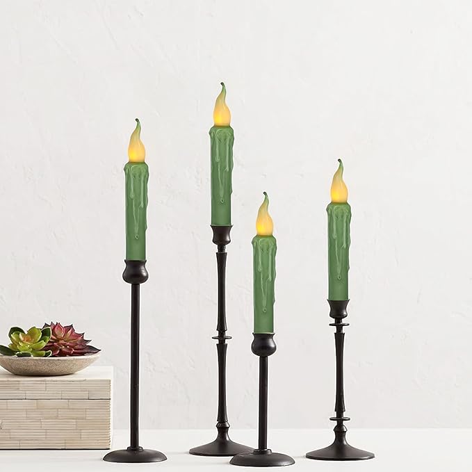 Sage Green Flameless Short Taper Candles, Real Wax Hand Dipped LED Battery Operated with Remote, Flickering Flame Lights for Festival Party Home Décor, 6.7 Inch Primitive Flameless Candles, 4PCS
