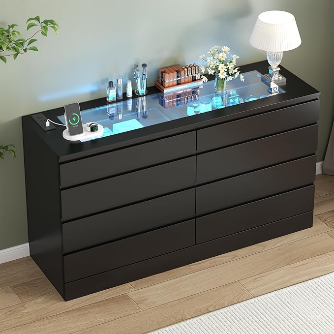 8 Drawer Dresser with Power Outlet, Modern Chest of Drawers with LED Light & Glass Top, Wood Double Dresser TV Stand with Organizer Storage for Bedroom, Living Room, Closet (Black)