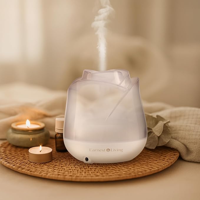 Earnest Living Rose Essential Oil Diffuser 150ml – Mini Ultrasonic Aromatherapy Humidifier for Bedroom & Desk, Quiet Mist, USB Powered, 7-Color Night Light, Valentine's Gift for Women, Frosted White