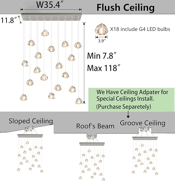 W35 x D11.8 x H118 Rectangular Chandelier Bubble Crystal Balls Glam Chandeliers Dimmable Light High Ceiling Pendants Light Fixtures Adjustable Long Lights Brushed Nickel