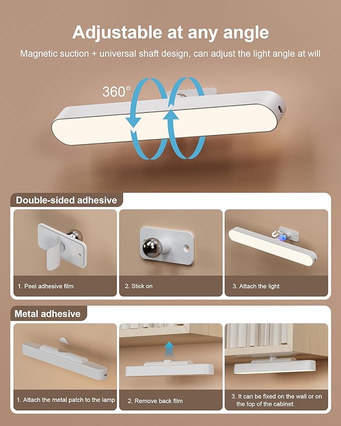 LED Vanity Lights for Mirror, White Wireless Makeup Mirror Lights with 4000mAh Battery, 3 Color Temperatures & Dimmable, Magnetic 360° Rotation, Stick On Design for Bathroom & Vanity