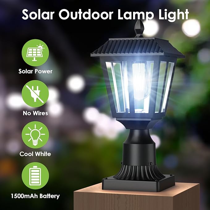 Greluna Solar Post Lamp Lights, 2 Pack 6000K Dusk to Dawn Solar Light with Pier Mount Base, Post Lights Outdoor Waterproof for Garden Yard Landscape Pole Pillar, Outside Decorative Lamp