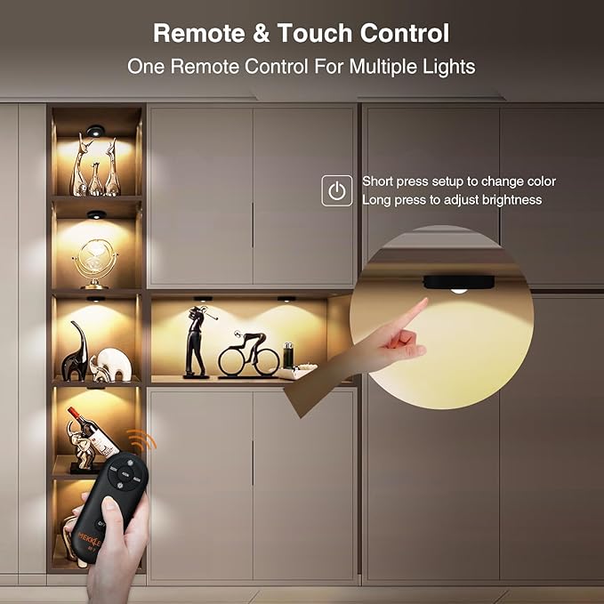 Puck Lights With Remote Control - Rechargeable, Wireless Under Cabinet Lighting, 2000mAh Battery Operated Tap Push Touch, Stick On for Counter, Shelf, Bookcase (Black, 3 Pcs)