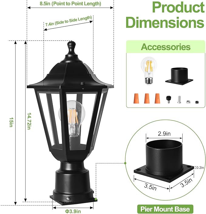 FUDESY Outdoor Post Light, Exterior Lamp Post Light Fixture with Pier Mount Base, Waterproof Pole Lantern Lighting with E26 Socket, Matte Black Plastic Lamp for Garden Patio Pathway(Bulb Included)