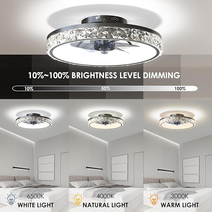20" Smart RGB Ceiling Fan with Light and Remote/App Control. This bladeless fan has a sleek black design. It features a dimmable, color-changing RGB light. This makes it ideal for bedrooms, kids' room