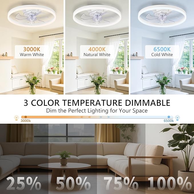 20" Low Profile Ceiling Fans with Lights and Remote & APP, Dimmable 3000-6500K LED Fandelier Ceiling Fan with Light, Modern Flush Mount Ceiling Fan Light for Living Room, Bedroom and Kitchen