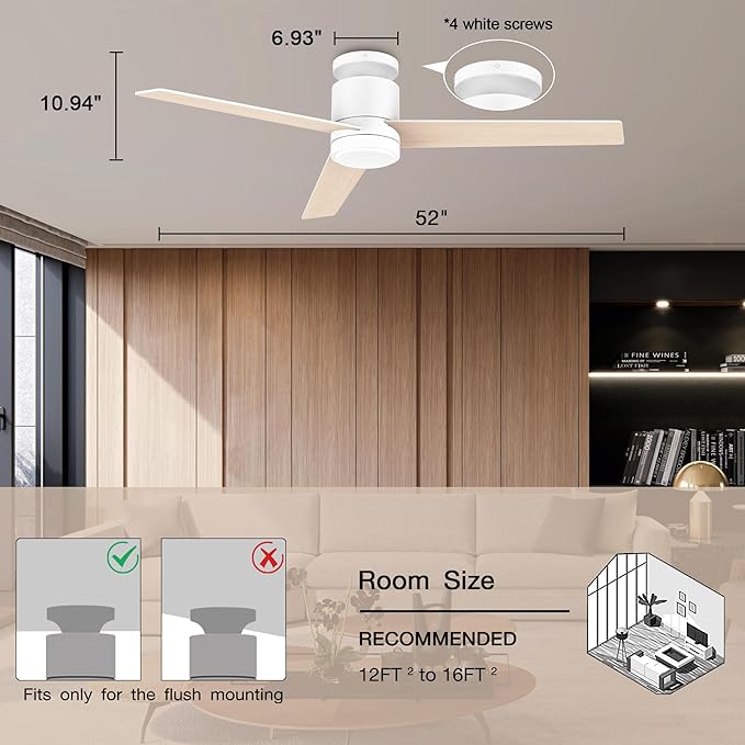 52 Inch Smart Flush Mount Ceiling Fans with Lights Remote,Quiet DC Motor,Outdoor Indoor Low Profile Ceiling Fan,Voice Control via WIFI Alexa App,Modern White Wood Ceiling fan for Bedroom Patio