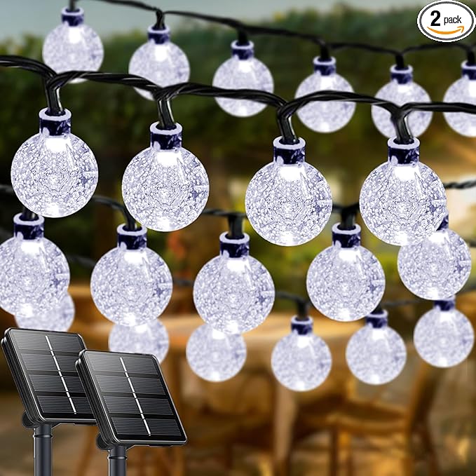 2-Pack 72FT 120 LED White Crystal Globe Solar String Lights Outdoor, Waterproof Solar Powered Lights for Outside, 8 Lighting Modes Christmas Decorations for Garden Yard Porch Wedding Party Patio