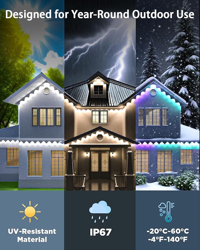 Permanent Outdoor Lights Pro,300ft RGB+IC Smart Outdoor Decor,App/Remote,Christmas,Halloween,Multi Scene Modes,IP67 Waterproof,Eaves Light with Daily & Holiday Party Decor,House Roof Lighting