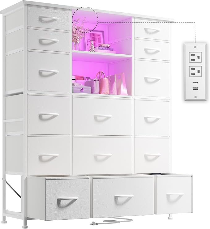 EnHomee 51" H White Dresser with 15 Drawers Dresser for Bedroom with Charging Station & LED Lights & Hutch Sturdy Bedroom Dressers, Steel Frame, Wood Top, 51.2" H x 39.3" W x 11.8" D