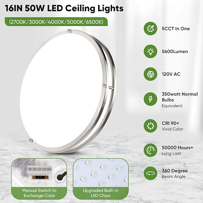 16in 50W LED Flush Mount Ceiling Lights 5600lm Super Bright, Dimmable LED Ceiling Light Fixtures 2700K-6500K 5CCT Adjusted, 2-Pack Modern Light Fixture Ceiling for Living Room Bedroom Kitchen , Nickle