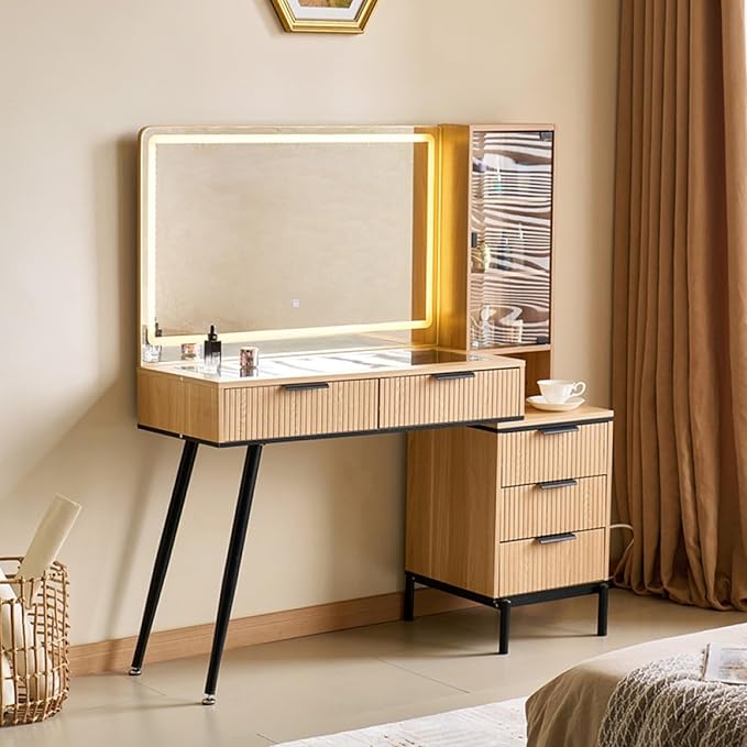 Vanity Desk with Mirror and Lights,Makeup Vanity with 2 USB Power Strip,3 Lighting Modes Adjustable Brightness, Foldable Three-Sided Mirror (ALIQWERY-005)