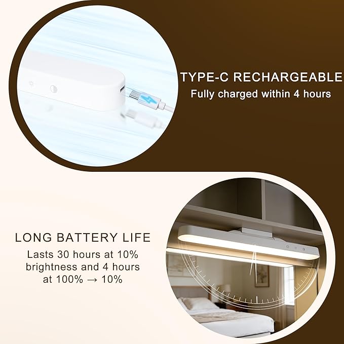 4W Dimmable Mirror Lights, Magnetic Rechargeable LED Light Bar, Wireless Stick on Closet Lights for Kitchen, Pantry, Wardrobe, Vanity Mirror，Gun Safe, Modern Battery Powered Night Light（2pcs）