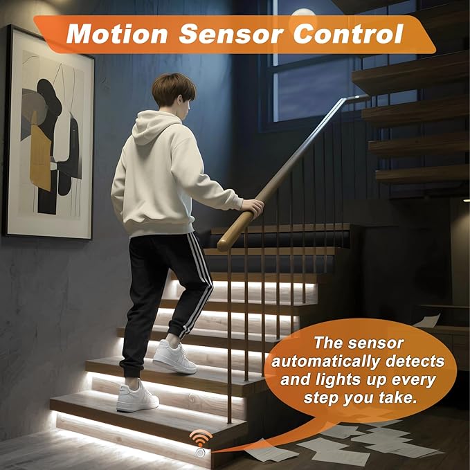 Smart Motion Sensor Stair Light for Indoor, No Wiring Required 40 inches Long COB LED Stair Lights Indoor with Remote Controller (Cool White 6000K, 20 Stairs)