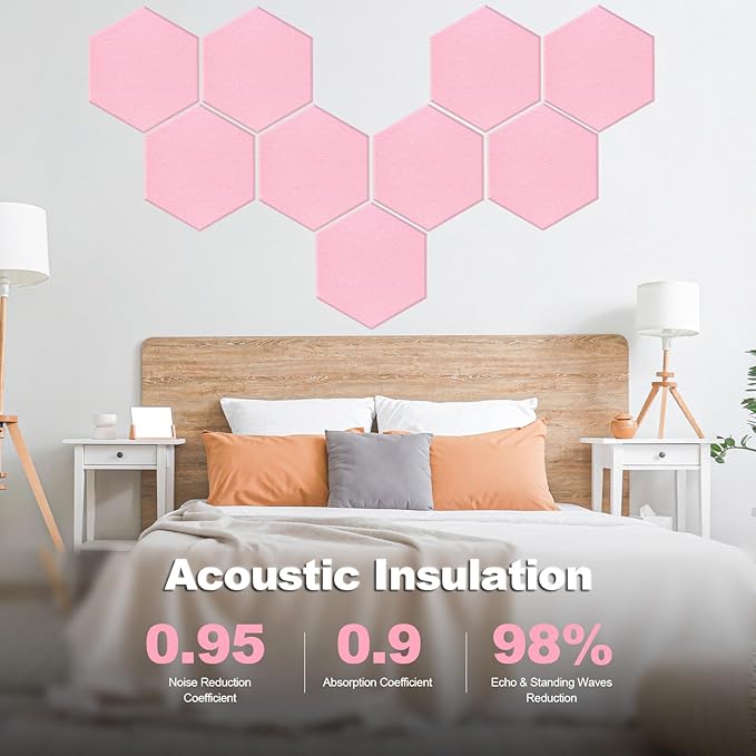 Mollywell Hexagon Acoustic Panels 14x12 - Reduce Echo & Reverb, Noise Blocking Wall Tiles for Bedroom & Nursery, Cherry Blossom Pink Sound Absorbing Panels