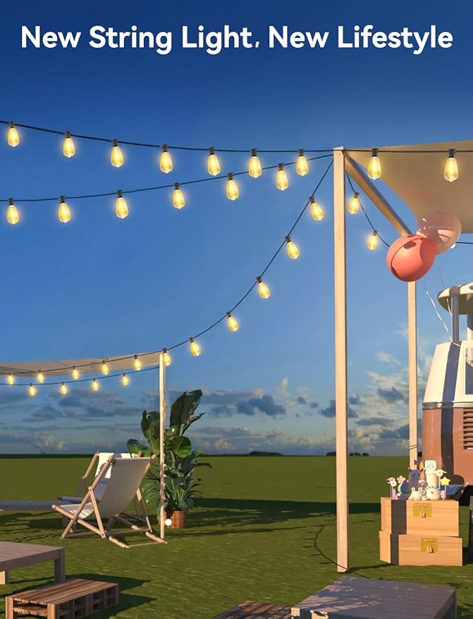 Brightever 120FT Solar String Lights Outdoor Waterproof, Patio Lights Solar Powered with Remote, 50+2 Shatterproof ST38 LED Bulbs, Dimmable&3 Lighting Modes, Hanging Outdoor Lights for Outside, Party
