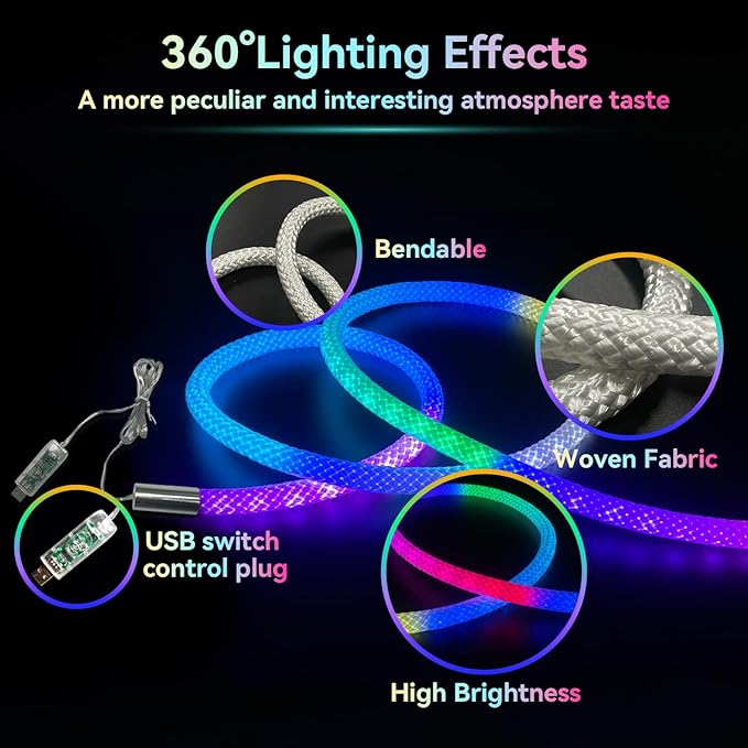 6.56ft LED Neon Rope Lights, Waterproof Music Sync Strip Lights with Remote & APP Control, USB-Powered Flexible Lighting for Christmas Halloween Decor, Gaming Room Bedroom Indoor Outdoor Decoration