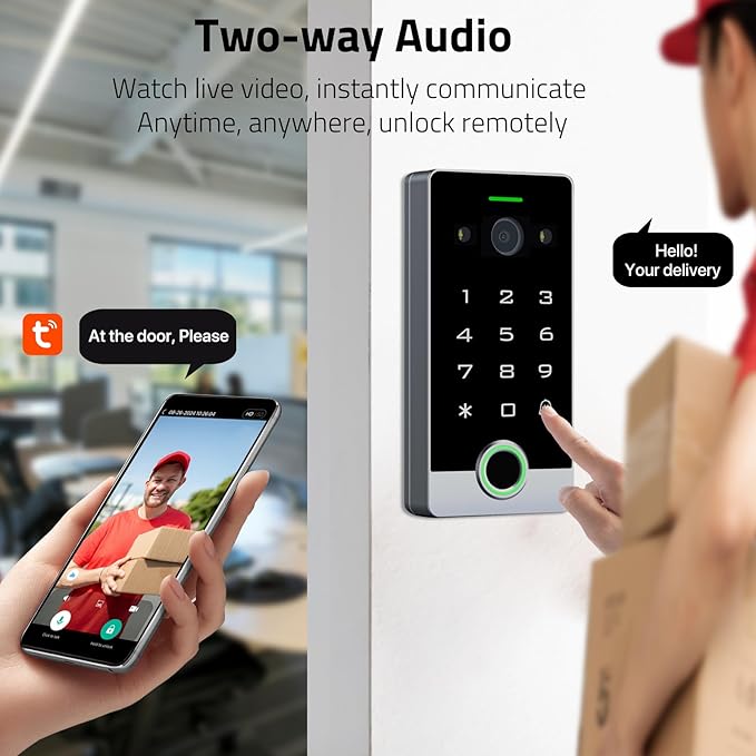 Smart WiFi Video Intercom & Doorbell Tuya Access Control System, All-Metal Fingerprint Keypad 1080P Night Vision Camera, Video Monitoring, Fingerprint/Password/Card/Tuya APP Remotely Unlock