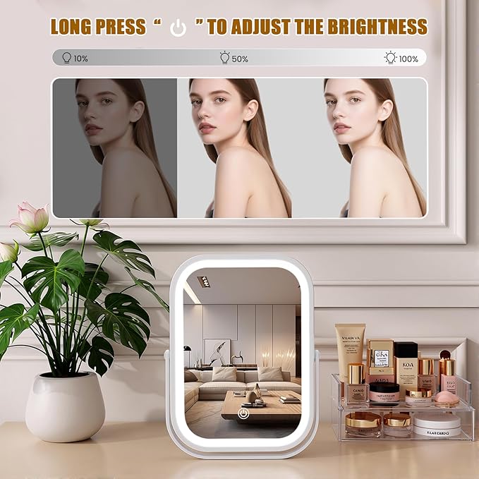 Vanity Mirror with Lights, 8"×6" LED Makeup Mirror Built-in 1500mAH Lithium Battery, Smart Touch with 3-Color Lighting, Dimmable, Lighted Up for Makeup Desk, Travel (White)