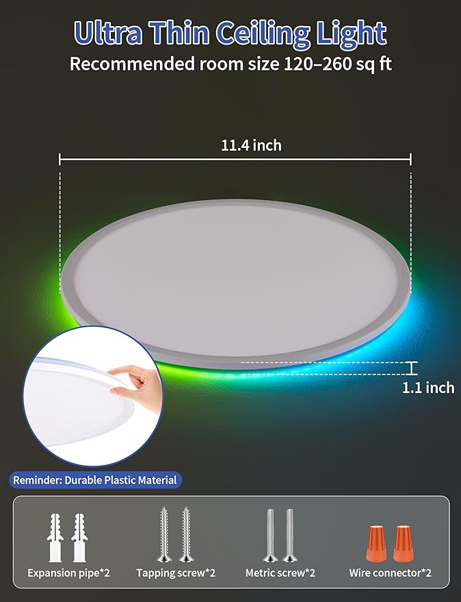 Smart Ceiling Light, RGB LED Flush Mount Ceiling Light with Remote，Ambient Lighting Fixture, 11 Inch 24W 2400LM 3000K-6500K, DIY Colors, Timer, White