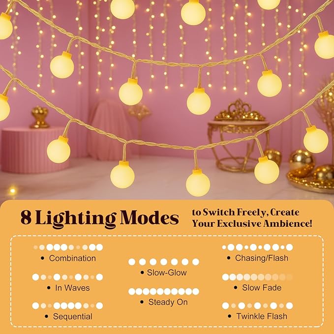 String Lights for Bedroom, 200 LED Globe Plug in Fairy Lights, 66FT Connectable Warm White Twinkle Lights with 8 Lighting Modes, Cozy Bed & Wall Decor, Waterproof for Outdoor Use