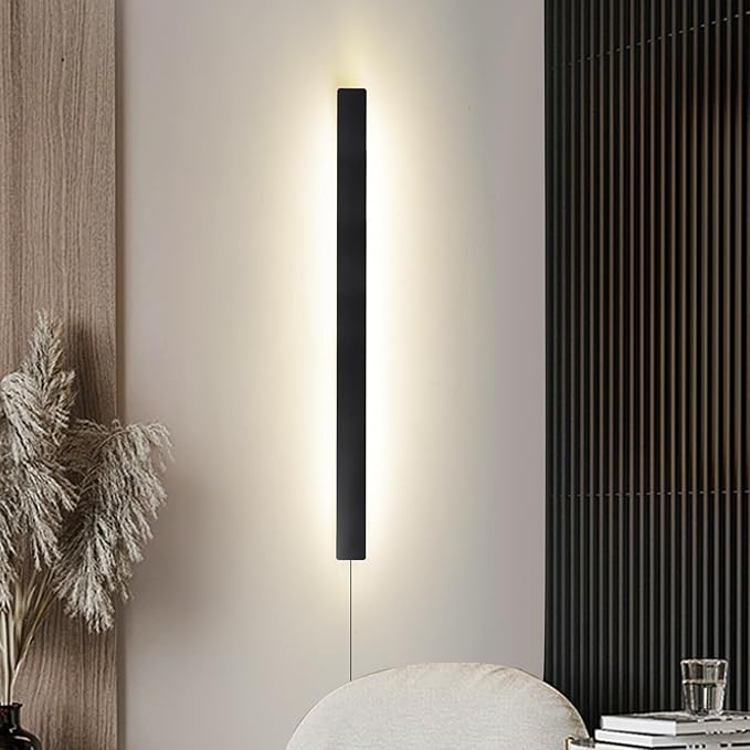 Modern Plug in Wall Lights, 31.4 inch Frosted Black LED Long Wall Sconce, 16W Warm White 3000K Acrylic Indoor Wall lamp,with 59" Plug Cable for Bedroom, Living Room, Hallway