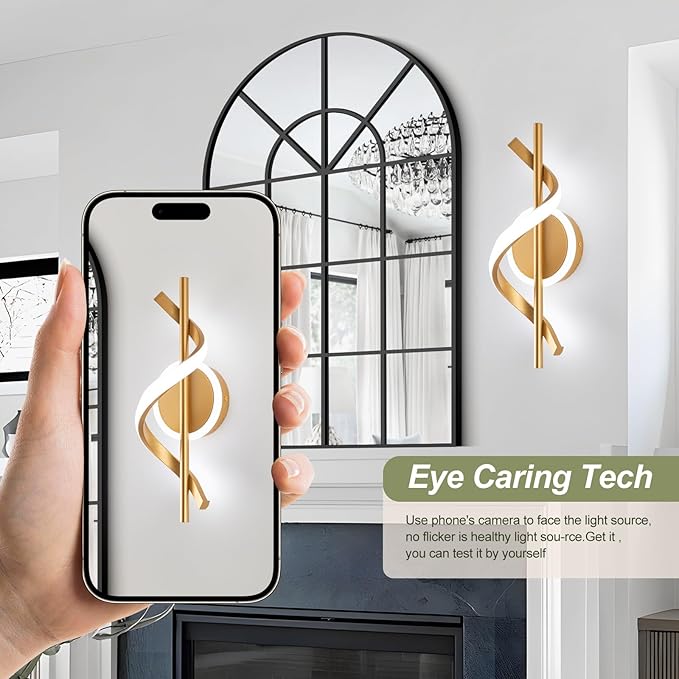 LED Wall Sconces Indoor, 12W LED Wall Mount Lights, Modern Spiral Wall Lamp, 6000K Cold Light Fixture for Stairs, Living Room, Bedroom, Aisle, Hallway (Cold White, Gold)