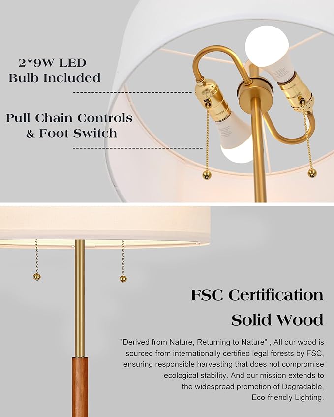 ELYONA 2-Light Wood Floor Lamp for Bedroom Mid Century Modern Standing Lamp 3 Color Temperatures 9W LED Bulbs Include White Fabric Shade Tall Pole Corner Light for Living Room Office, Brushed Brass