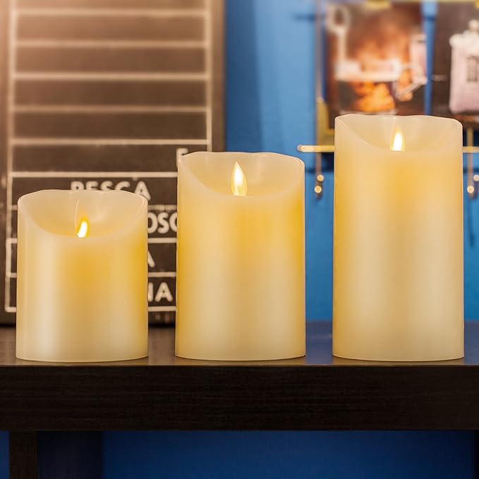 Flameless Candles Battery Operated Pillar Real Wax Electric LED Flickering Candle Sets with Remote Control Cycling 24 Hours Timer, 4" 5" 6" Pack of 3 (Ivory)