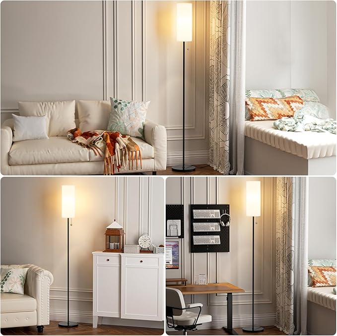 Ambimall Floor Lamp for Living Room with 3 Color Temperatures Bulb, 64" Standing lamp with Linen lampshade for Bedroom, Minimalist Pole Lamp, White Shade & Black Pole
