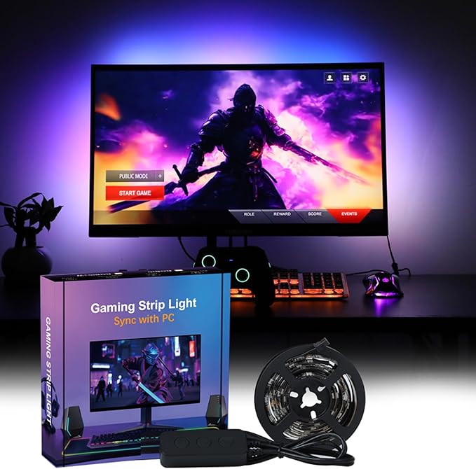 Gaming Lighting Sync RGB IC LED PC Backlight Strip - 16 Million Color USB Powered, Smart LED Lights for Monitors, Decor for Gaming Room (for 32" PC)
