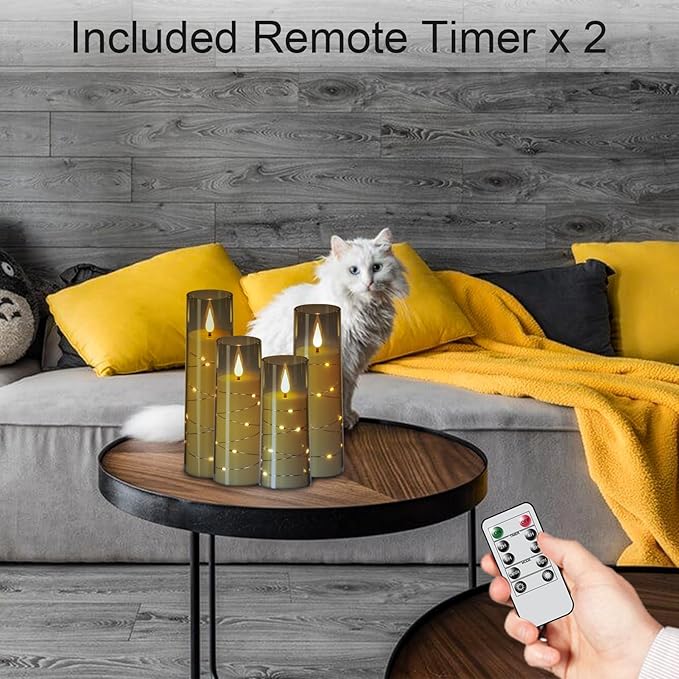 Black Flameless Candles with 2 Remote, Battery Operated Candles with Embedded String Lights and 3D Wick, LED Candles with Remote Timer for Spring Wedding Home Decororations (Set of 5)