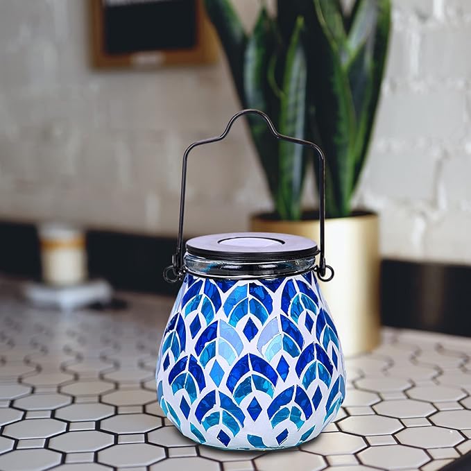 Bshine Mosaic Solar Lantern Outdoor Hanging Waterproof, Blue Mosaic Light Indoor Decorative Table, Garden Decor for Yard Outside, Path, Courtyard, Lawn, Outdoor Decor Gift for Mom