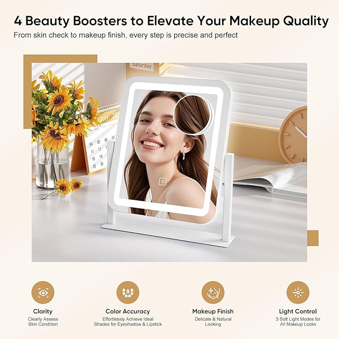 Vanity Mirror with Lights, 14.8x12.6 Inch White LED Makeup Mirror, 3-Color Dimmable LED Smart Touch Screen, 5X Magnification & 360° Rotation, Large Tabletop Makeup Mirror for Bedroom