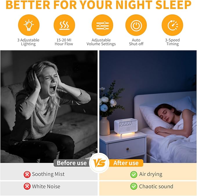 4-in-1 White Noise Sleep Sound Machine with Humidifier, Diffuser, Bluetooth Speaker & Night Light, 8 Natural Sounds, USB Powered, Timer, Sound Machine for Sleeping Adults and Baby, Bedroom, Yoga